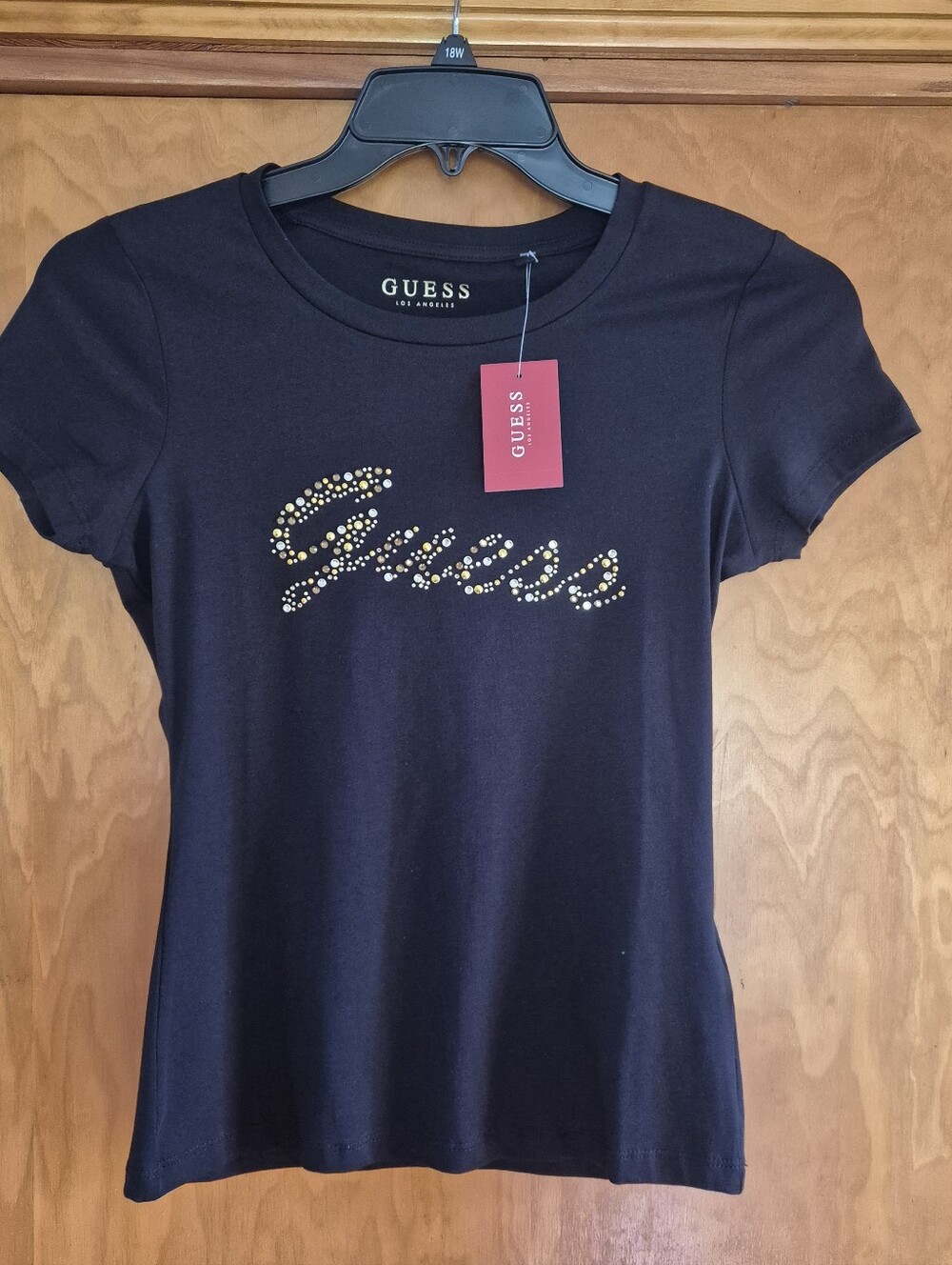 GUESS Black Short-Sleeve Logo Tee with Gold Rhinestone Accents, Size S